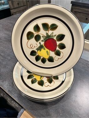 Sears “Strawberries” freezer to oven stoneware dinner plates. Pattern No. 4112
